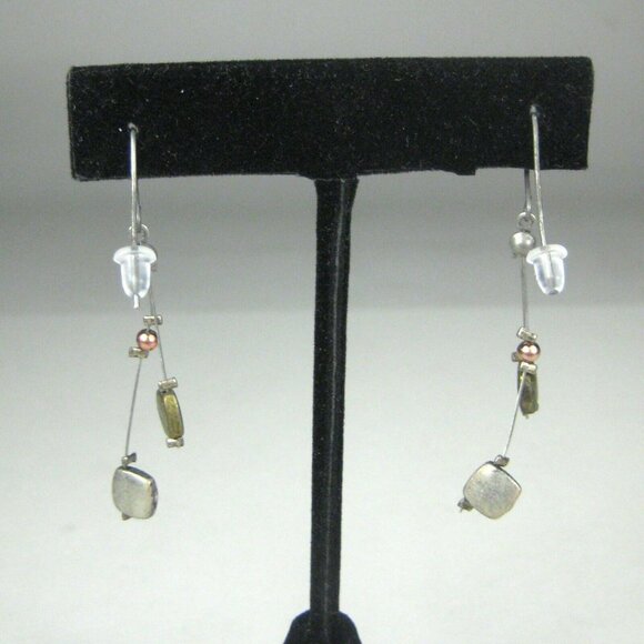Earrings 2 inch Dangle Silvertone Fashion Abstract Modern Square - Picture 3 of 4